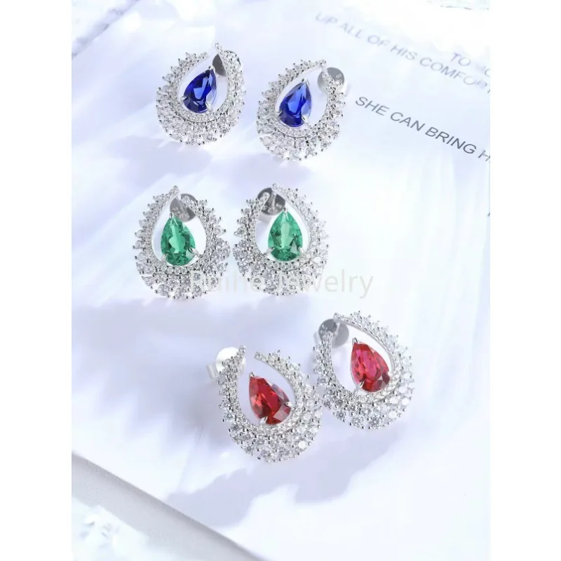 

Ruihe New Fashion 925 Sliver Pear Lab Grown Emerald Sapphire Ruby Earrings for Women Party Jeweley Personalizado Wedding Gift