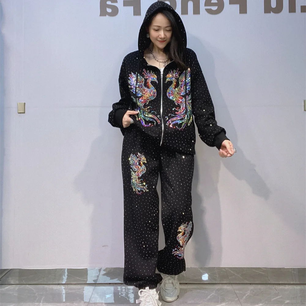 Autumn Winter Oversized 2 Piece Sets Womens Outfits Cartoon Diamonds Tracksuit Casual Hooded Zipper Cardigan Top and Pant Suits