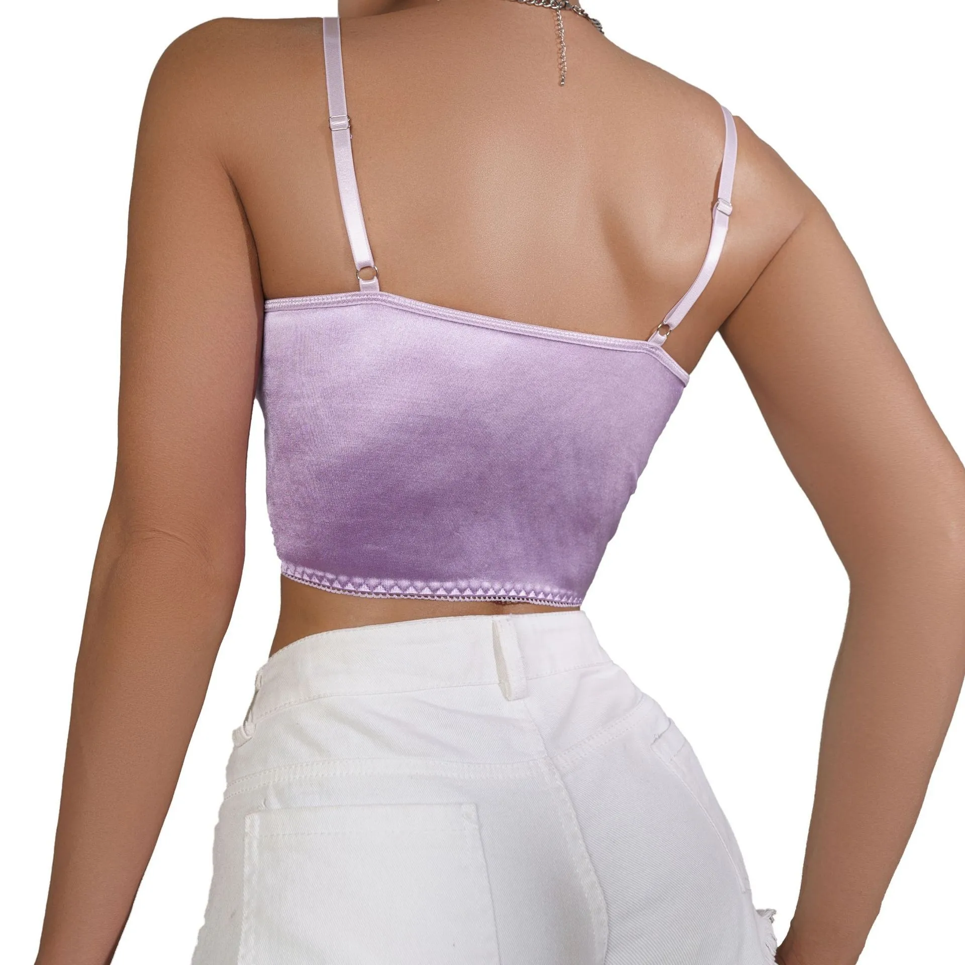 Sexy Purple Butterfly Embroidery Underwire Fishbone Colored Tank Top  with Corseted Slim-Fit Front Button Spice Belt Womens