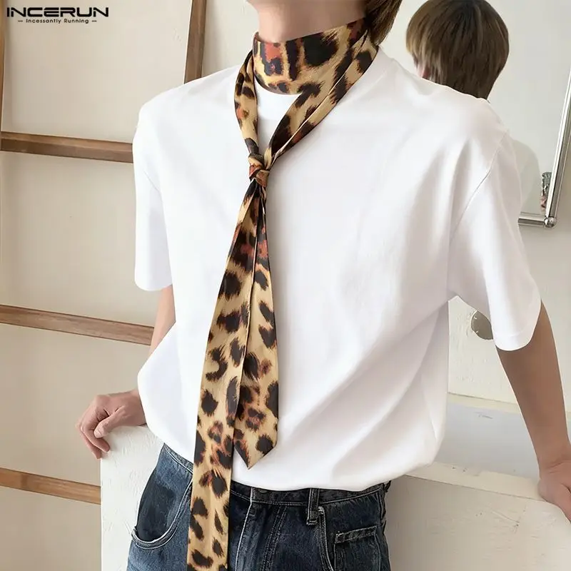

INCERUN Men T Shirt Leopard Patchwork O-neck Short Sleeve Men Clothing With Tie Streetwear Loose Summer Casual Male Tee Tops