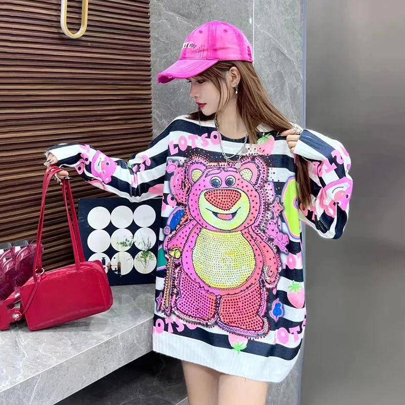 Autumn and Winter Hot Diamond Pink Bear Loose Pullovers Round Neck Loose Long Sleeve Sweater Fashion Tops 2024 Women