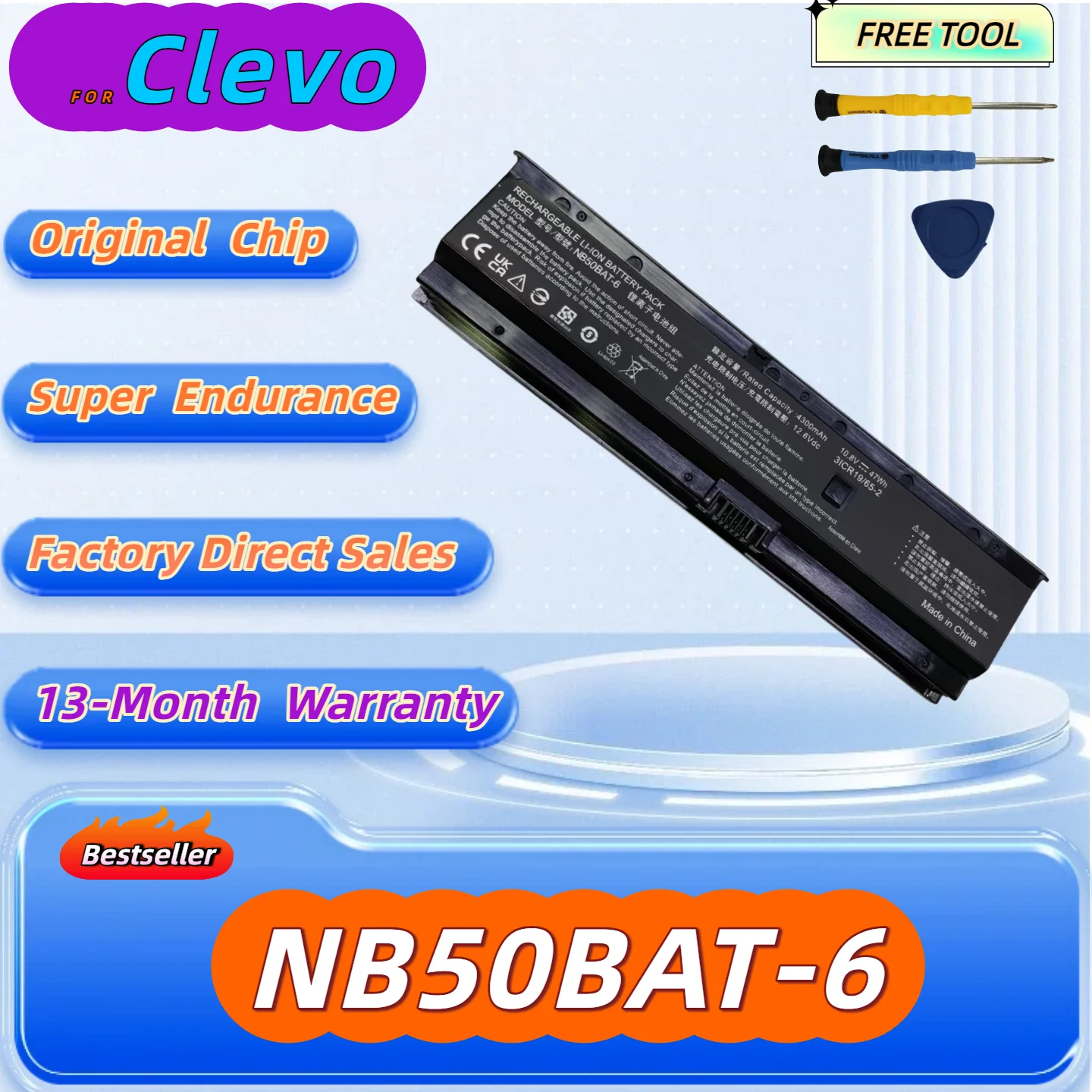 Batterie pour ordinateur portable 47Wh 10.8V NB50BAT-6 SHINELON HUIMIEZHE DD2 pour CLEVO NB50TK1 NB50TJ1 NB50TL NB50TZ NB60TA, garantie 13 mois