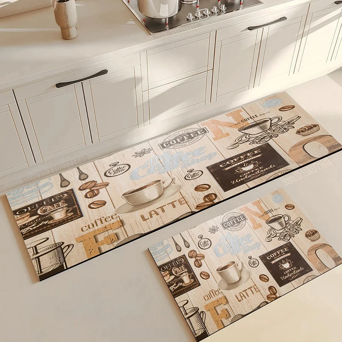 VIKAMA 1/2 قطعة سجادة مطبخ ذات تأثير خشبي، سجادة مطبخ مطبوعة على القهوة ماصة للماء وغير قابلة للانزلاق، صينية تنقيط لآلة القهوة ديكور المنزل #4