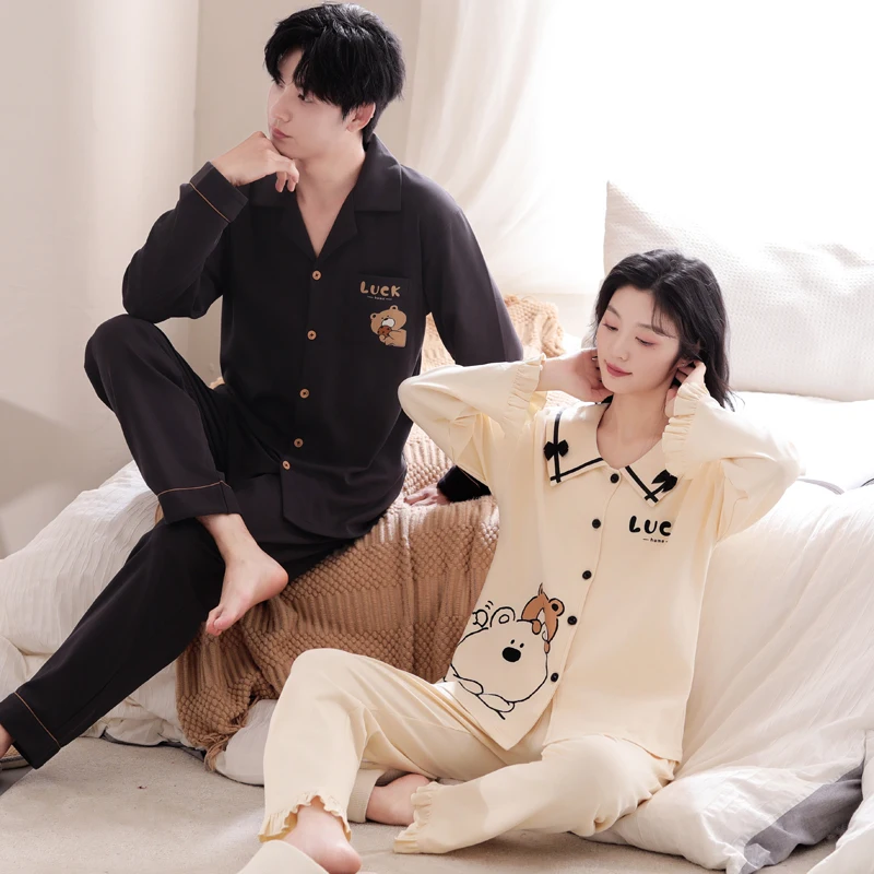 High Quality Couple Pajamas Set Spring and Autumn Cute Cartoon Sleepwear Men And Women 100% Cotton Turn-down Collar Pijama image 3