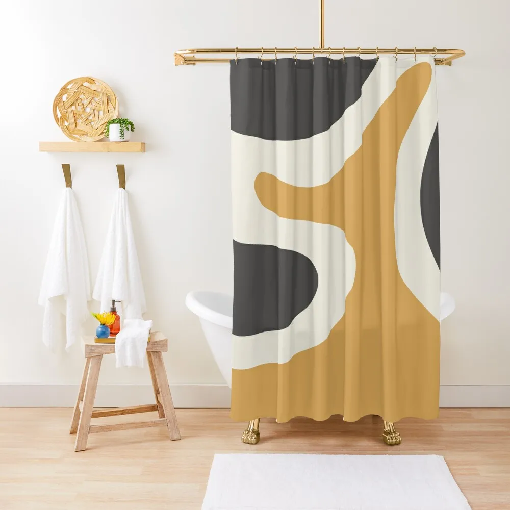 Danish Modern Minimalist Abstract in Muted Mustard Gold, Charcoal, and Cream Shower Curtain Cover Bathroom Accessory Curtain