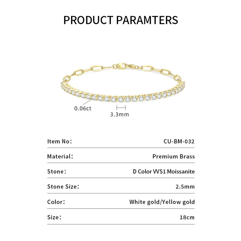 Lnngy Exquisite Half Tennis Moissanite Bracelet 18cm Paperclip Chain Bracelets For Women Sparkling Hand Jewely With Certificates