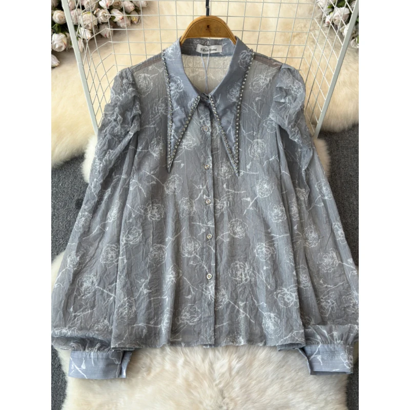 Women's Blouse Korean Style Fashion Casual All-Matched Spring Summer Thin Lantern Sleeve Chiffon Shirts Office Lady Wear