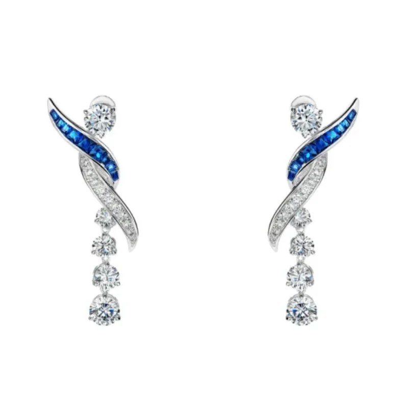

Bellux 925 Silver Synthetic Zirconia Jewelry Elegant Blue Sapphire Round White Diamond Tassel Design Earrings