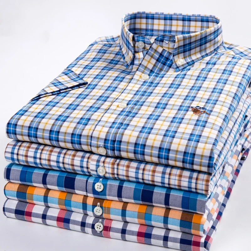 Wysokiej jakości designerskie letnie koszule męskie z krótkim rękawem, slim fit, formalne koszule, gładkie koszule, haftowane, biznesowe ubrania biurowe.