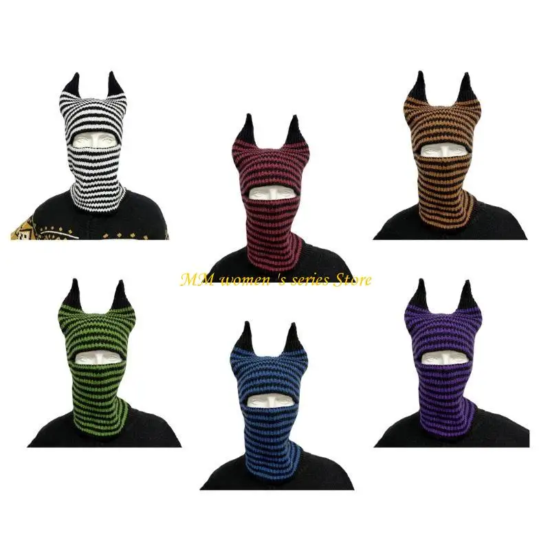 Q39C Women Ox Horn Hat Warm Ear Protector Hat Knit Balaclava Hot Girl Handmade Hat