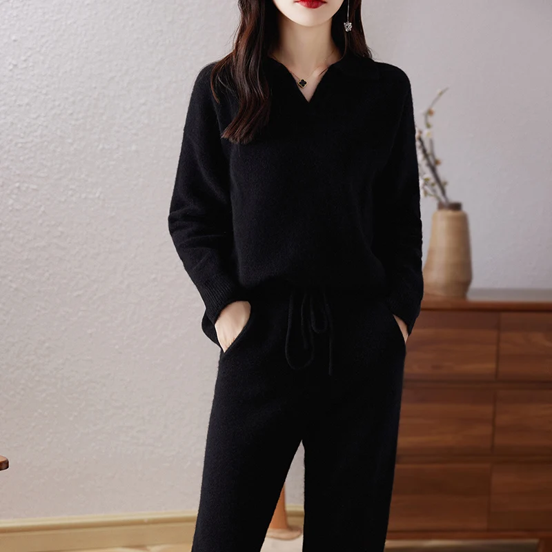 Fashion Loose Women\'s 100% Pure Wool Set New 2023 Long Sleeve Knitted Polo Pullover Sweater Long Wide Leg Pants Two Piece Wool