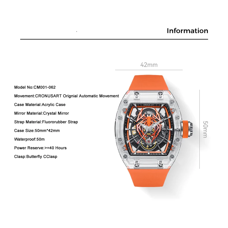 CRONUSART Мужские автоматические часы 50 мм Механические наручные часы Tonneau Акриловый корпус Светящийся ремешок из фторкаучука Полый циферблат