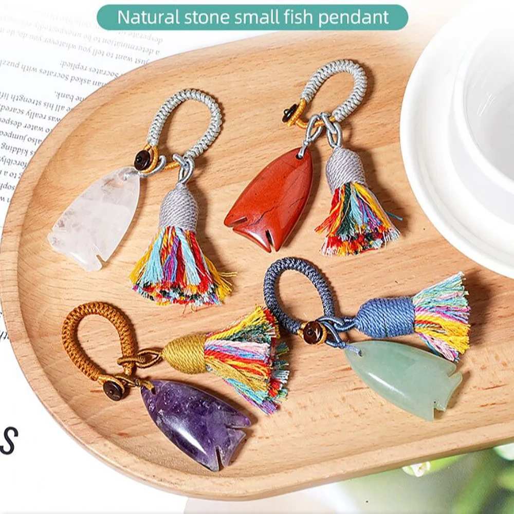 

Natural Stone Fish Hanging Ornament with Colorful Tassels Healing Crystals Cute Animal Shape Statue Handbag Backpack Home Decor