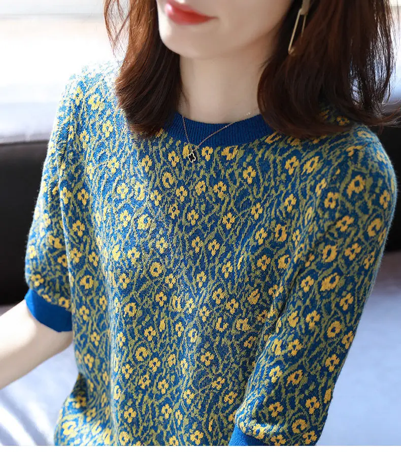 Camisa básica de punto con manga de cinco puntos y cuello redondo para mujer en primavera y verano, nuevo estilo, moda, holgada, delgada y versátil