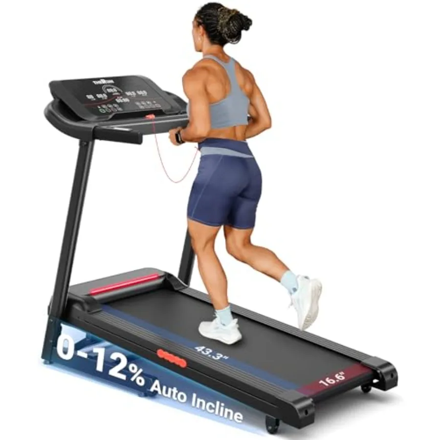 Treadmill with 15 Incline, LED Strip Wide Belt, Black