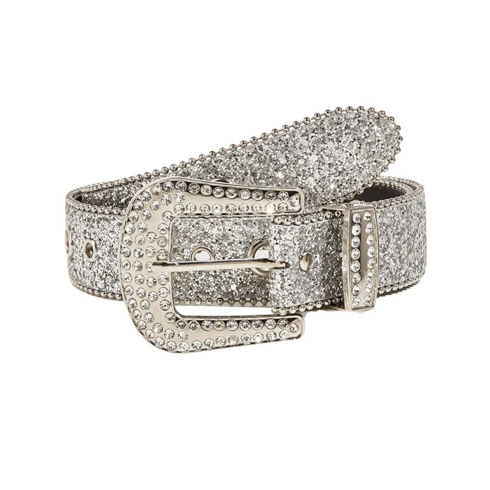 

Adjustable Beads Bordered Shiny Wide Belt Solid Color Punk Style Rhinestone Waistband Y2K Strap Buckle Women PU Belt Party