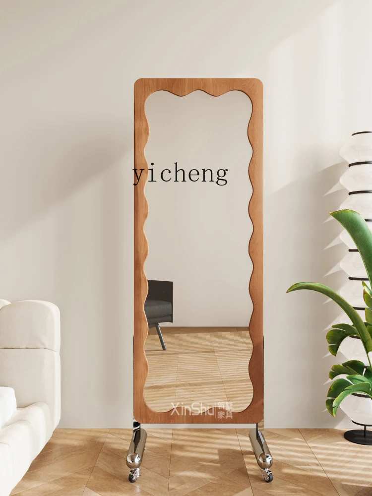 ZC Mid-Ancient Floor Full-Length Mirror Wave Curve Household Bedroom Movable Dressing Mirror Retro Full-Length Mirror