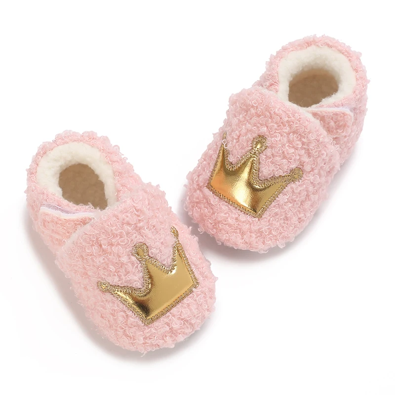 Autumn And Winter Baby Cotton Shoes With Added Plush And Warm Baby Shoes Crown 0-18M Newborn Anti Slip Walking Shoes