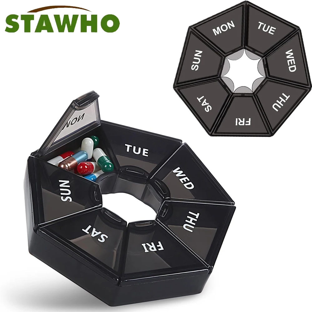 Black Pill Box 7 Days,Pill case,Once a Week Travel Pill Box Organizer,Portable Pocket Pill Box Dispenser,for Vitamin/Fish Oil