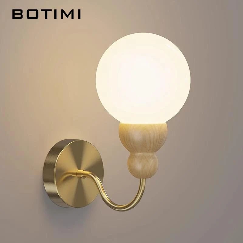 

BOTIMI Glass Bedside Wall Lamp Modern Wooden Bedroom Luminaires Nordic Hotel Metal in copper color arm Wall Sconce