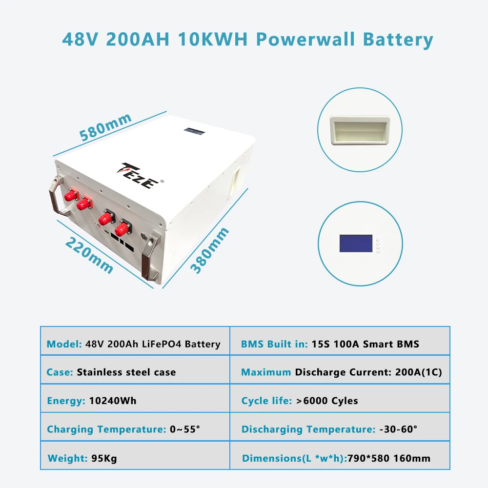 TEZE 10KWH Powerwall 48V 200Ah LiFePO4 Battery Built-in BMS 6000 Cycle RS485/CAN for Solar Storage System EU US TAX Free