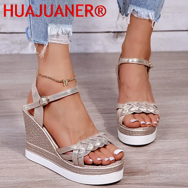 Women Summer Wedge Heel Sandals Platform Sandals Strap Open Toe Chunky Bottom Casual Shoes 2023 Gold Silver Pink Sandals 10cm