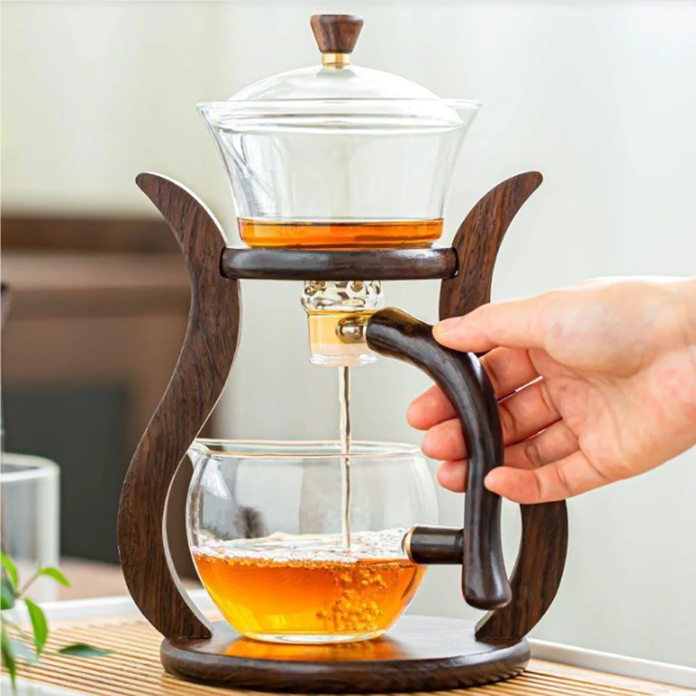 

Chinese Tea Pot Infuser Kettle Semi Automatic Glass Teapot with Filter One Click Magnetic Strainer Wood Holder Cup Set tetera
