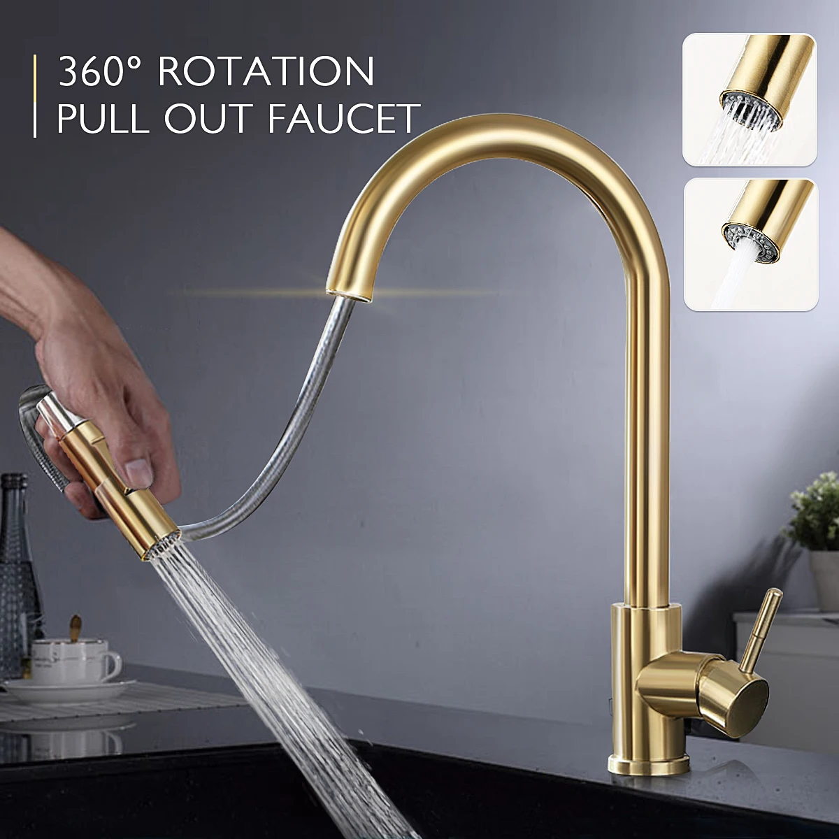 

Bathroom Kitchen Faucet Brushed Pull Out Stainless Steel Water Tap Single Handle Mixer Tap 360 Rotation Shower Faucet Gold