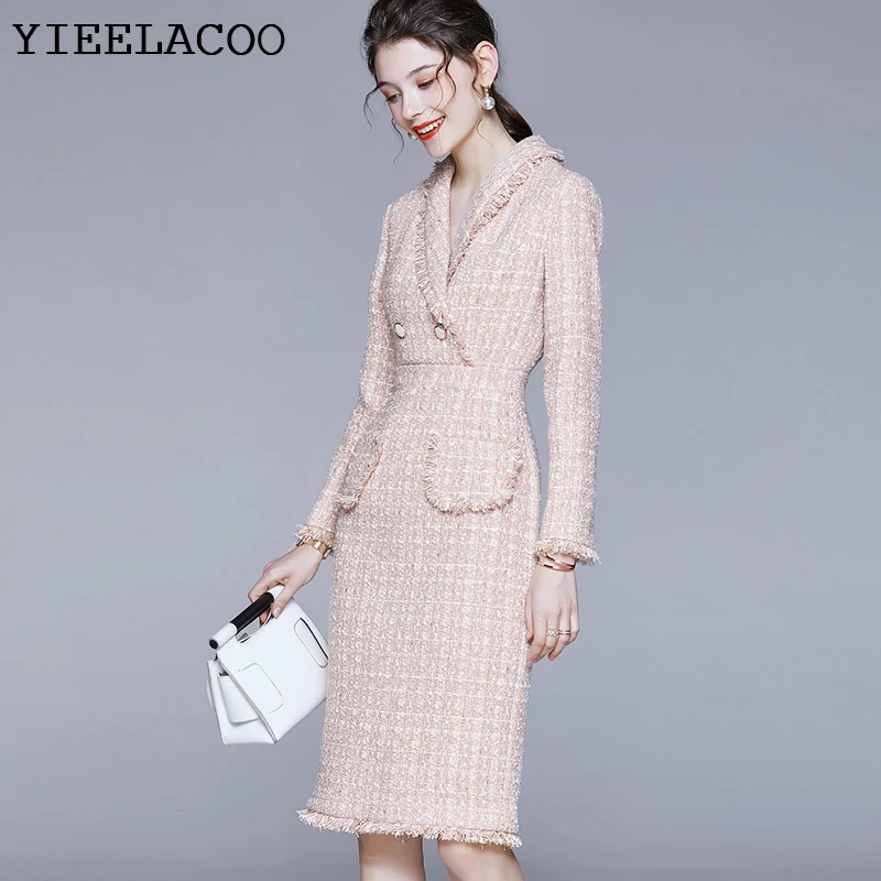 Pink tweed dress 2023 spring / autumn women\'s dress tassel Long sleeved ladies slim bottoming dress one-piece