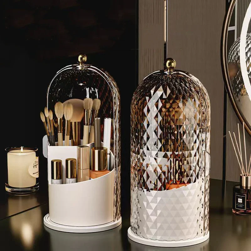 Makeup Brush Holder with Lid Diamond Birdcage 360° Rotating Makeup Organizer Dustproof Cosmetics Storage Box Lipstick Container