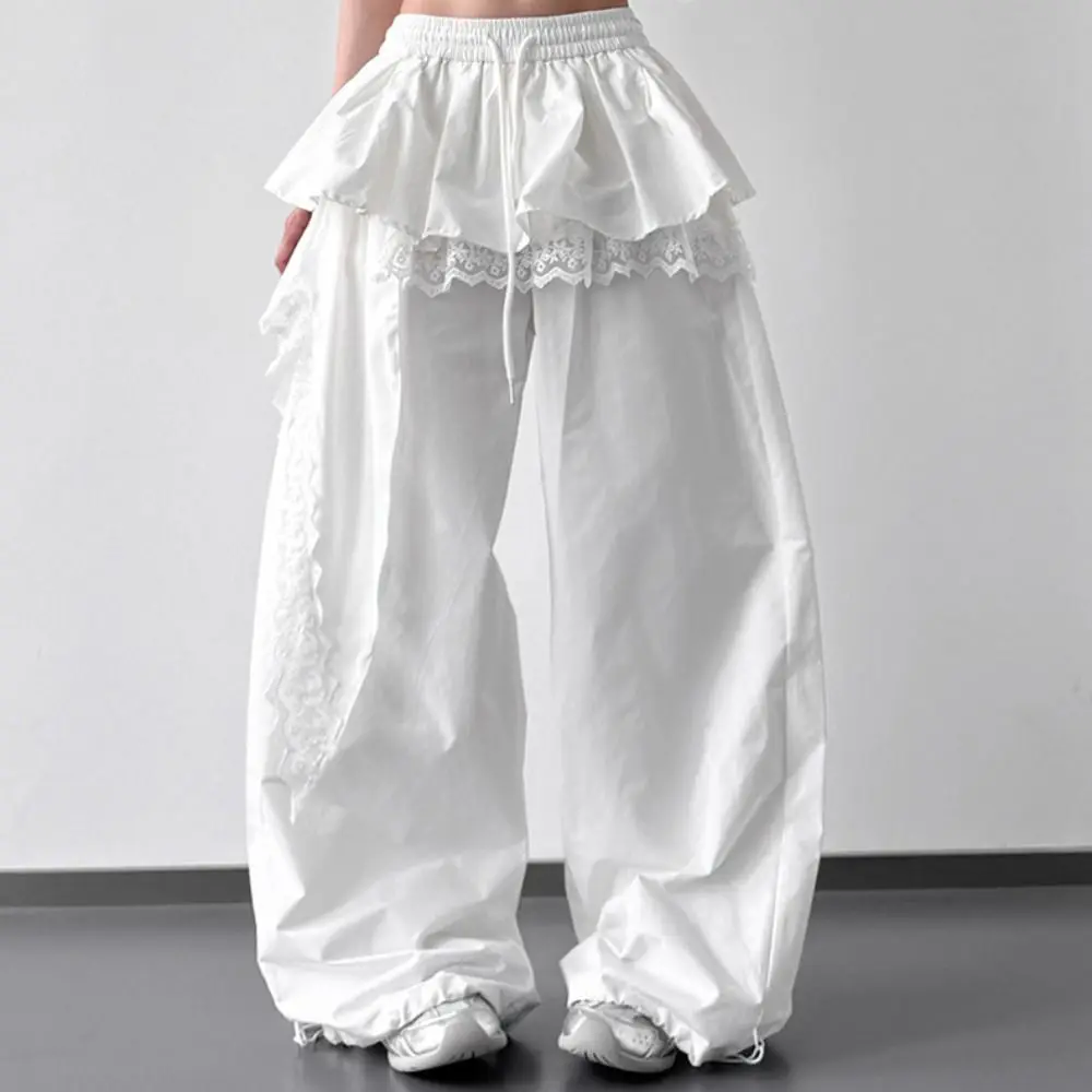 

Y2k Young Women Lace Patchwork Pants High Waist Hip Hop Lace Tiered Skirt Pants Casual Drawstring Wide Leg Trousers Lady