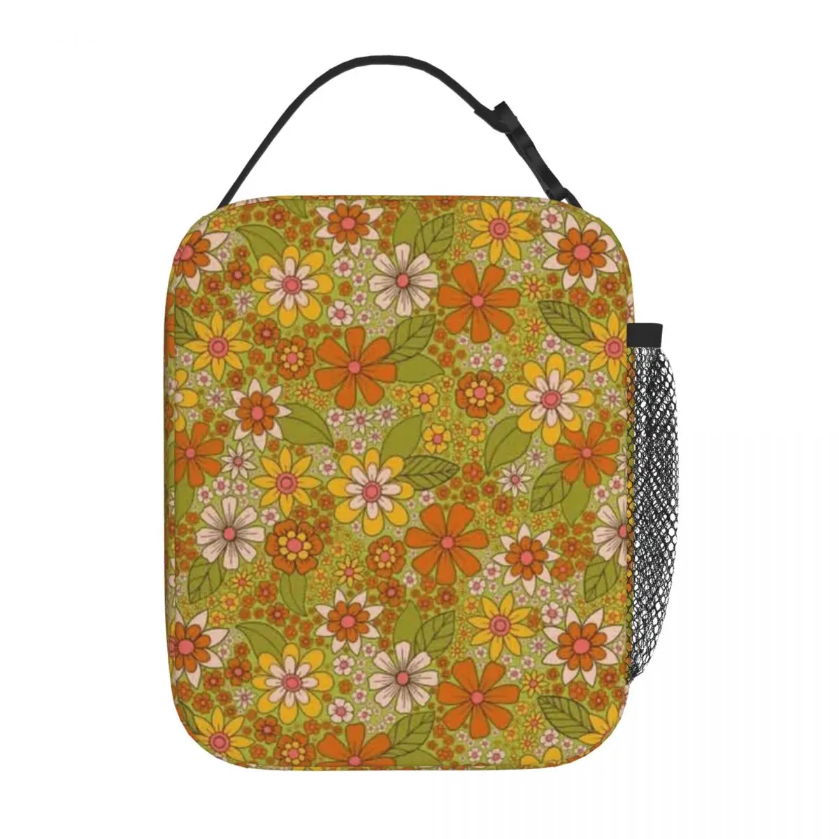 Bestselling 1960s 1970s Retro Floral In Green Pink Orange - Flower Power Three nt Neoprene Lunch Bag Safari Lunch Food Tote Bag