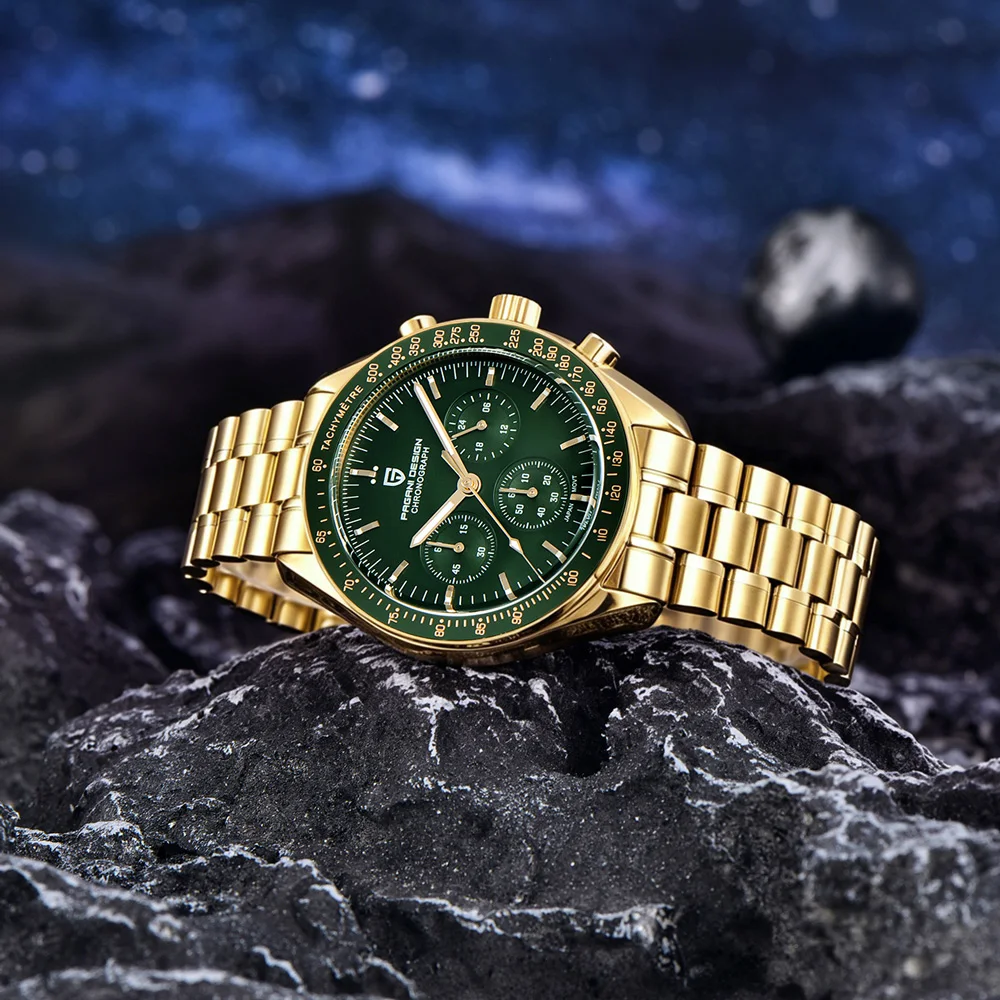 PAGANI DESIGN Watches 2026 New Gold Green Luxury Quartz Watch For Men Top AR Sapphire Crystal Automatic Chronograph Wristwatches