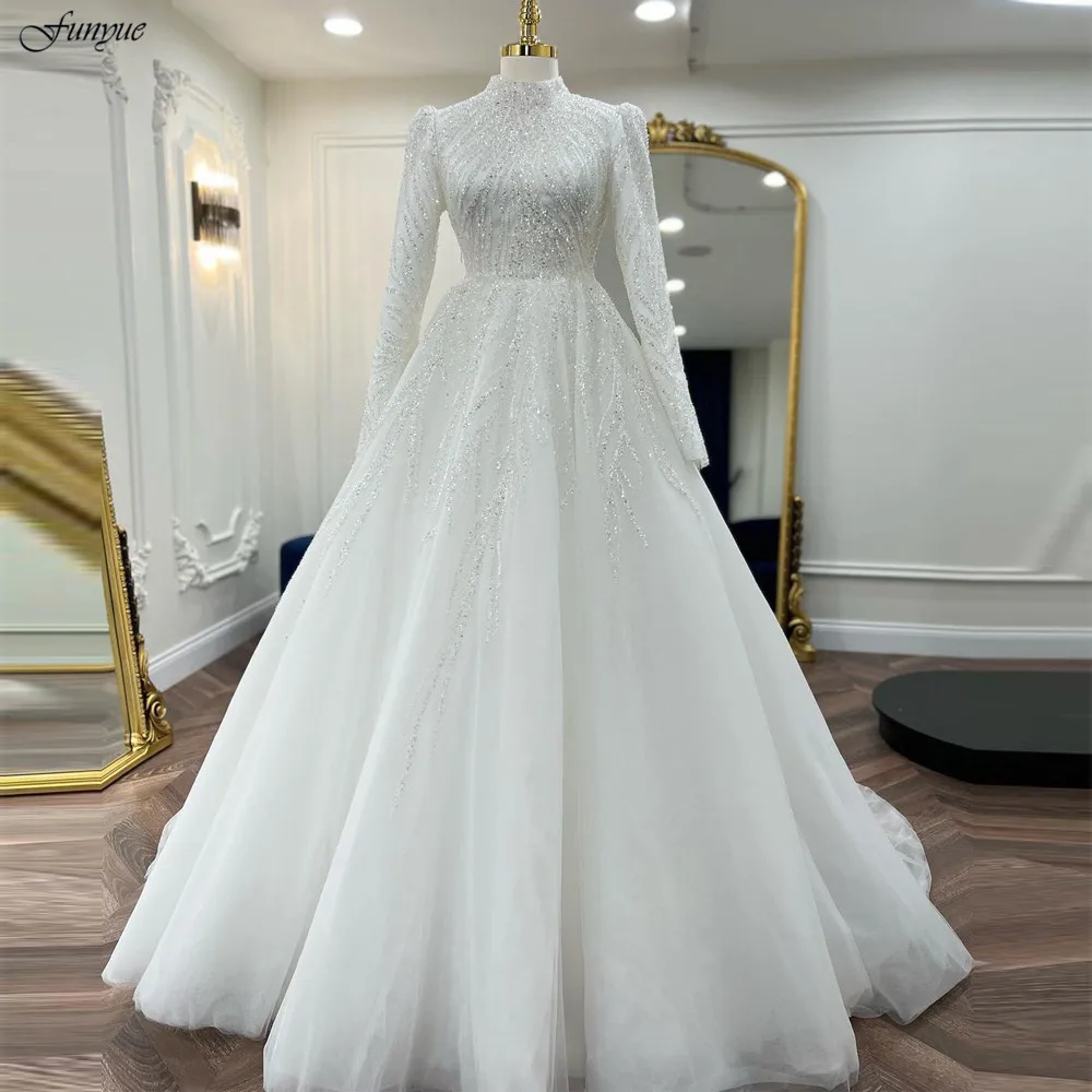 Funyue Dubai Luxury Bridal Dresses Lace Beaded A-Line Arabic Wedding Gowns For Women Bride Full Sleeves Vestido De Casamento