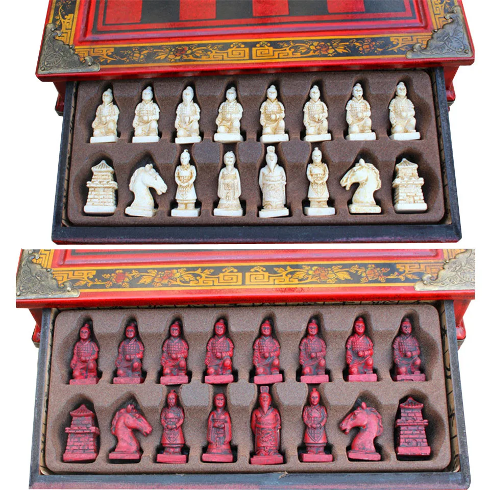 Wooden Chess Figures Set Terra Cotta Warriors Resin Chess Pieces Chess Game 27*27*7cm Box Chessboard Faimly Board Game