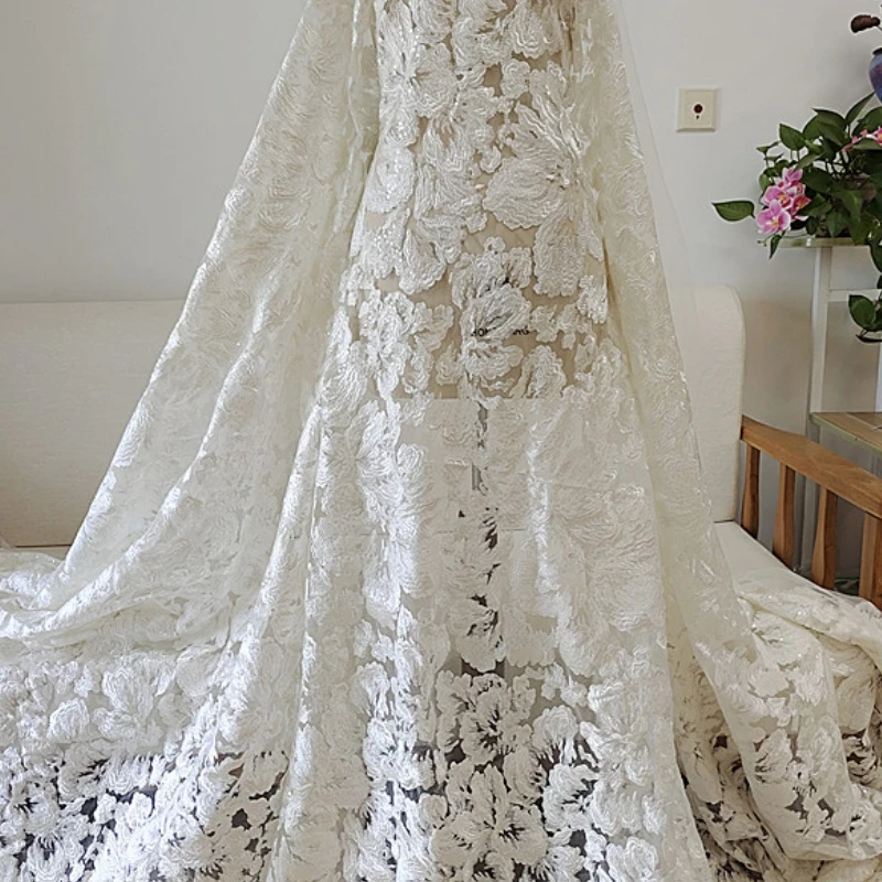 Off White Embroidered Thickening Big Flower Fabric,  Handmade DIY Wedding Dress Bridal Dress Sewing Lace Fabric RS4548