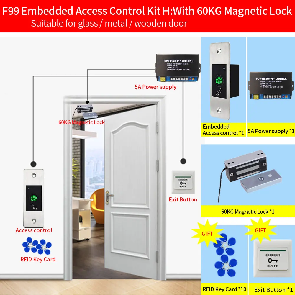 Metall Eingebettet Access Control Kits F99 Sets 125KHz RFID Keyfob Reader Fingerprint Türschloss Elektrische Tor Türöffner Wasserdicht