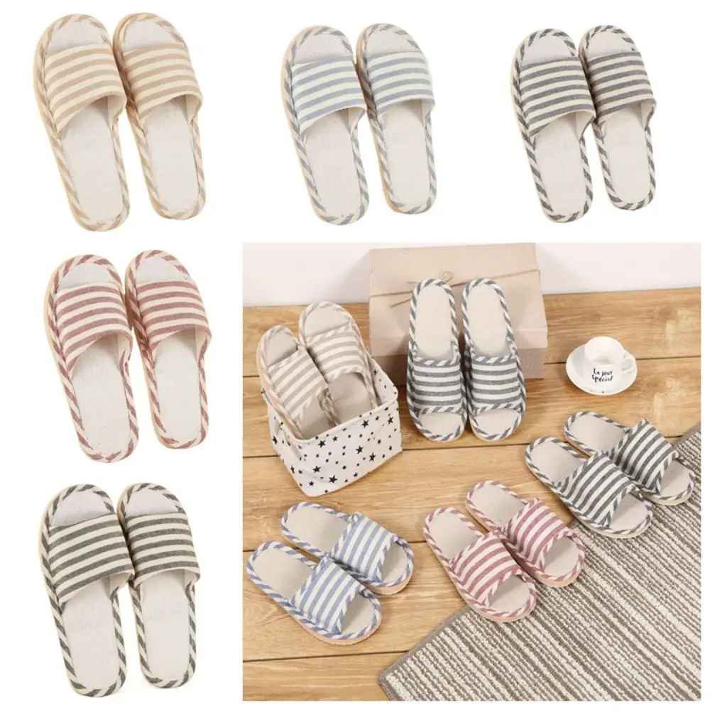 Soft Non-Slip Linen Stripe Slippers Durable Sweat Absorption Indoor Slippers Casual Summer Autumn Soft Home Slippers Indoor