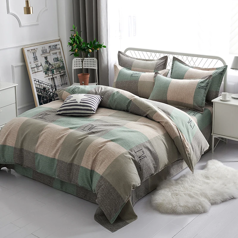 Green Geometric Plaid Duvet Cover Set Simple Checkered Quilt Cover with Pillowcases Skin Friendly Soft Queen Size Bedding Set