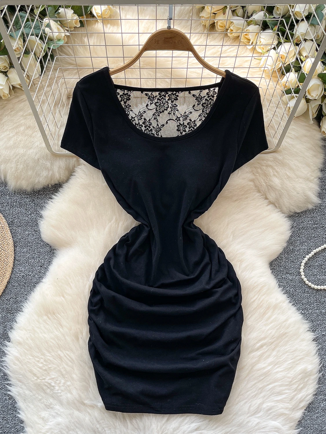 Foamlina todos os dias sexy manga curta camiseta vestido feminino verão plissado apertado renda retalhos sem costas vestido inferior casual