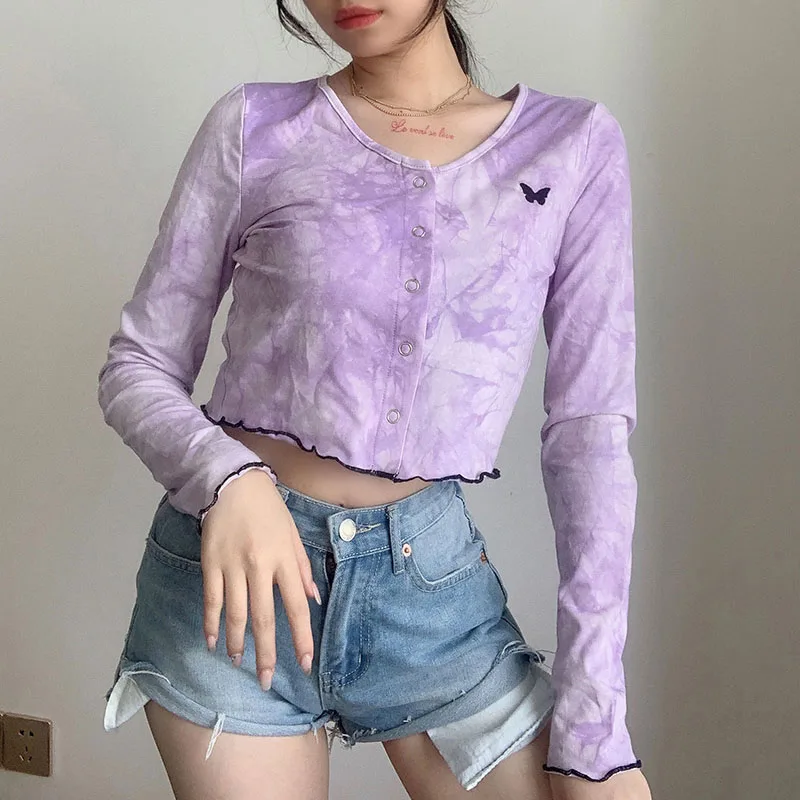 Korean Fashion Tie-dye Graphic T-shirts Tops Sexy Navel Wave Side Embroidery Long Sleeve Button Cardigan Casual Women Clothing