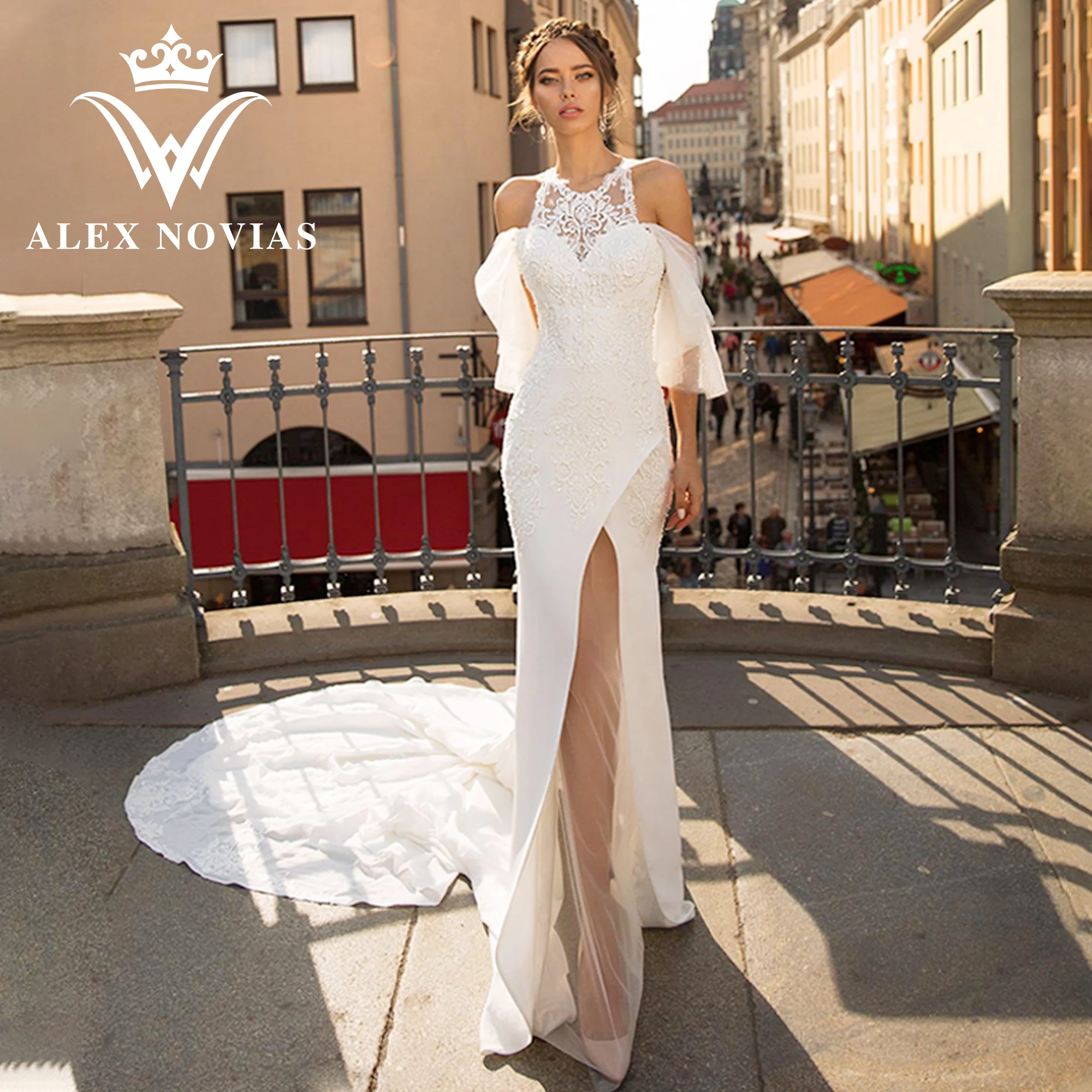 

ALEX NOVIAS Satin Mermaid Wedding Dresses Flare Sleeve 2023 Sequined Backless Thigh Split Wedding Gown Vestidos Novias De Saten