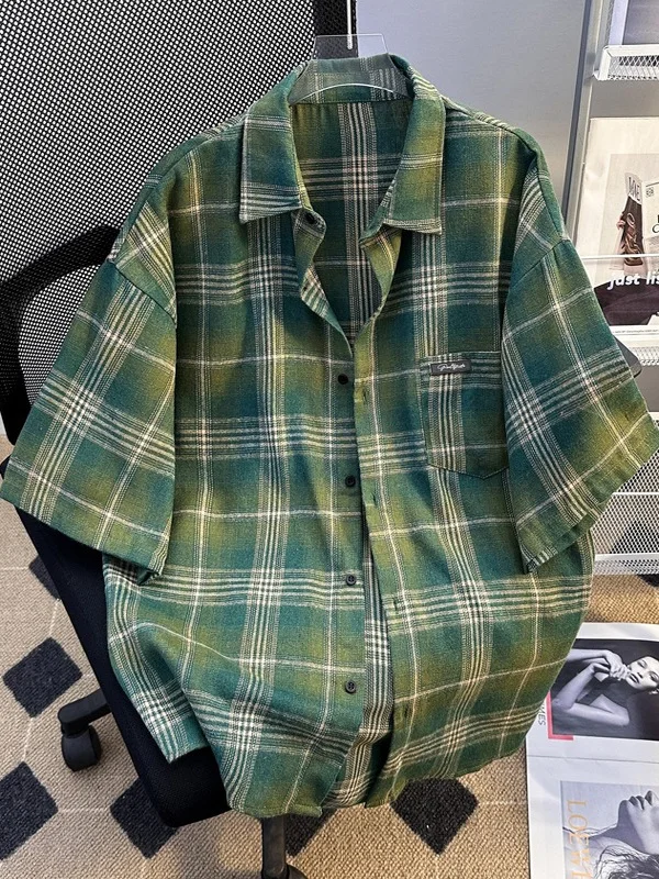 

Retro Plaid Short Sleeve Men's Summer Thin Casual Loose Breathable Shirt Couple Outerwear Top Comfortable Lazy Style Fashion