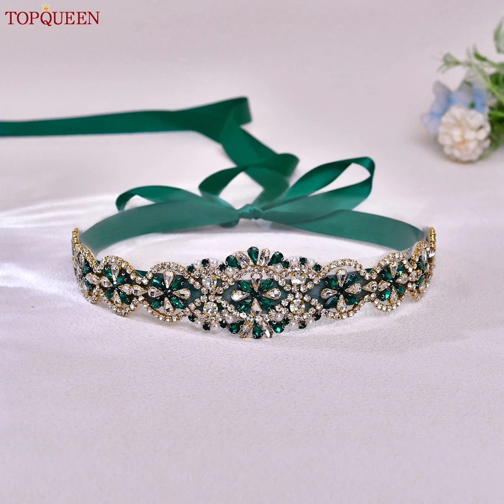 TOPQUEEN ใหม่ชุดเจ้าสาวงานแต่งงานสําหรับผู้หญิง Handmade Luxury SASH อุปกรณ์เสริมทุกวันชุดปาร์ตี้สีเขียว Rhinestone S161-KL