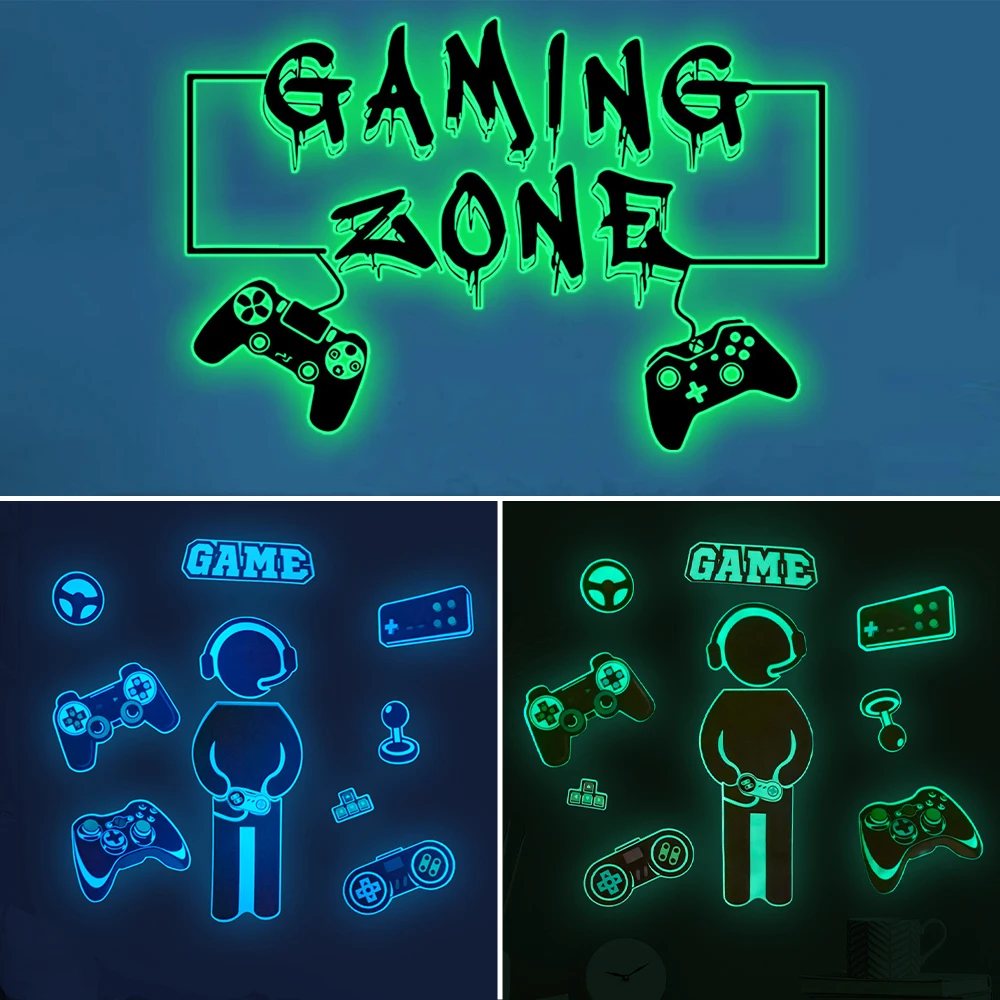 Game Handle Gaming Zone Luminous Wall Stickers Glow In The Dark Sticker For Boys Room Living Room Bedroom Home Decor Poster