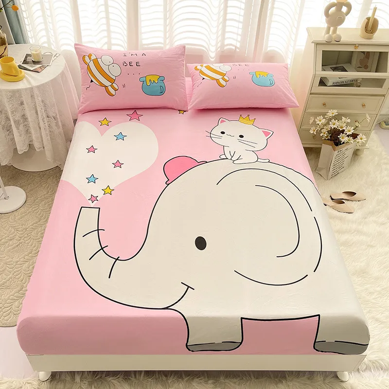 100% Cotton Cute Fitted Sheet with Pillowcase Elastic Bands Non Slip Adjustable Mattress Cover 120/150/180 for Kids Girls Boys