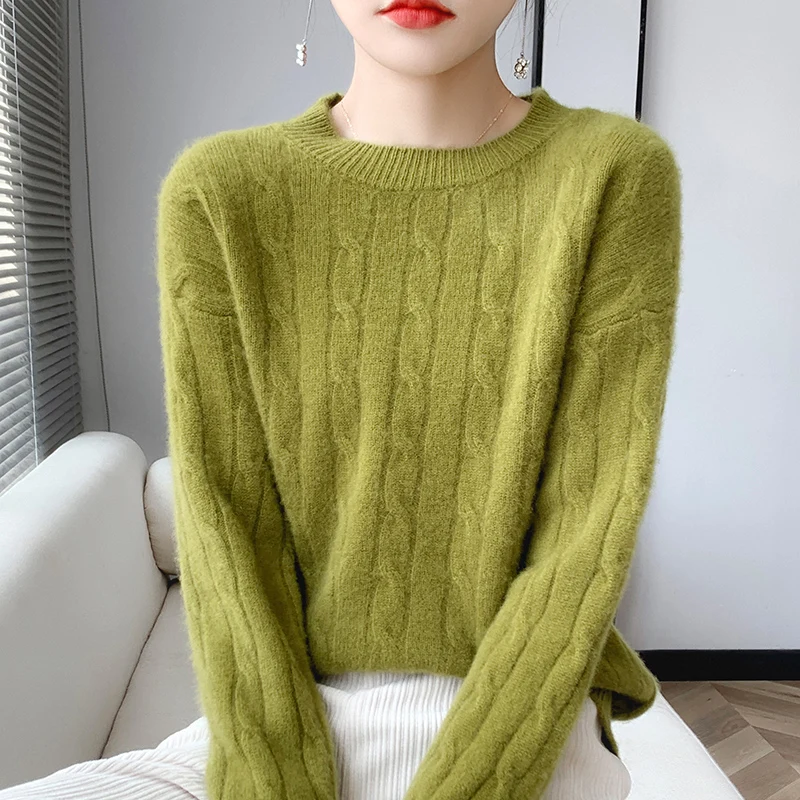 Women's Cashmere Sweater Autumn Winter Round Neck Thick Knit Sweater Chic Twist Pullover Long Sleeve Top Large Size Loose Warm