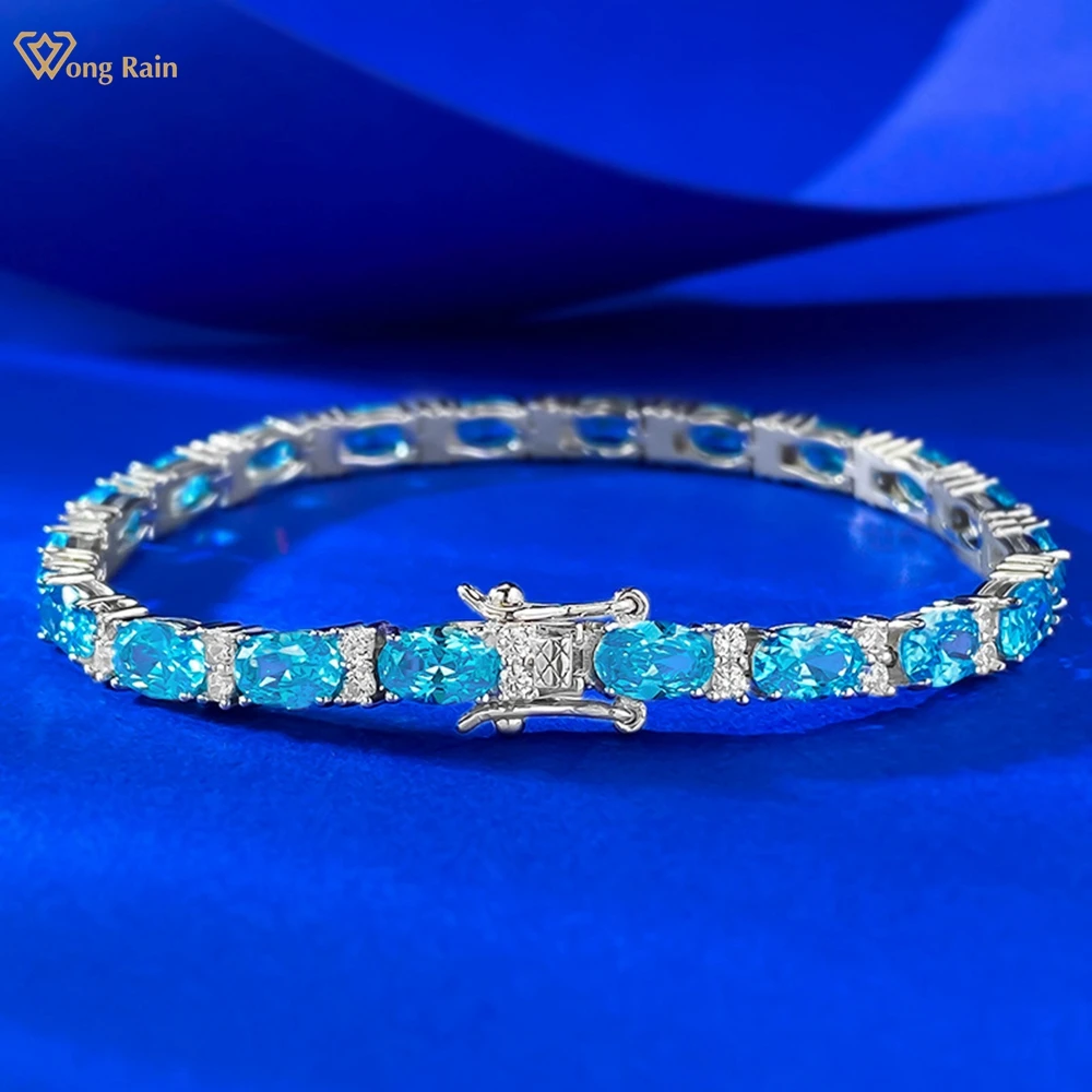 

Wong Rain Classic 925 Sterling Silver Oval Cut 4*6MM Aquamarine High Carbon Diamond Gems Bracelets Bangle Fine Jewelry Wholesale