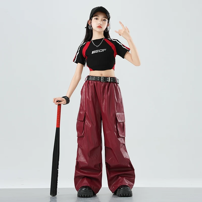 Kpop Ragazze Gruppi Abiti da ballo jazz Costumi Hip Hop Manica corta Crop Top Pantaloni in pelle rossa Vestito Street Dance Wear DQL10601