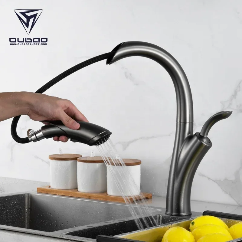 003 OUBAO New Products Pull down Sprayer Gun Black Kitchen Sink Taps Mixer Faucets